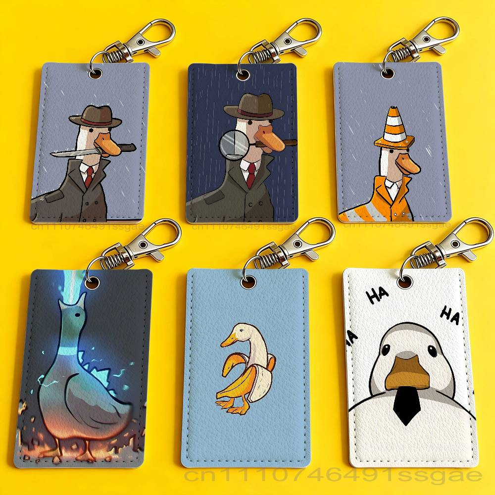 Leather Work Leather - 漫画かわいいガチョウアヒルバッジホルダーキーホルダー銀行ビジネスワークカードホルダー学生カード保護ケースバスカード
