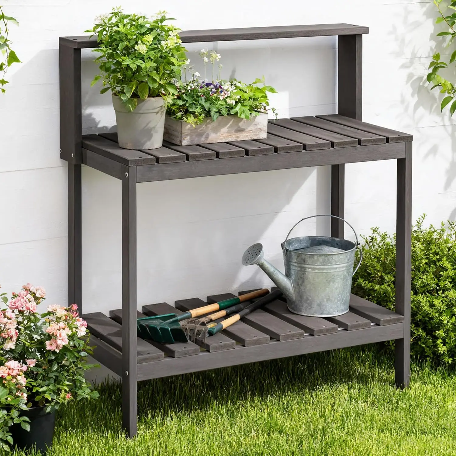 Leatherwork Bench - 屋外用植栽台、ポーチ用HDPE製パティオ植栽テーブル、グレー | 全天候型ガーデン作業台（ポーチ用ツールフック付き）