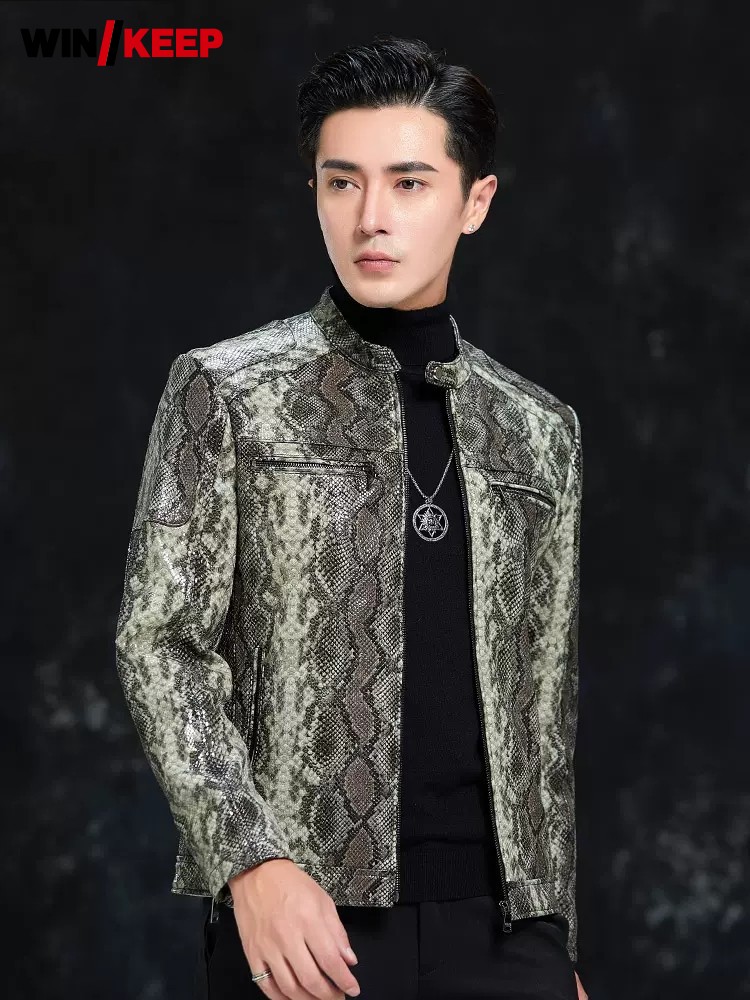 Leatherwork Patterns Free - 春男性スネークパターンシープスキン本革ジャケットスリムフィットスタンドカラーモトバイカーコートビジネスカジュアルワークジャケット 4XL