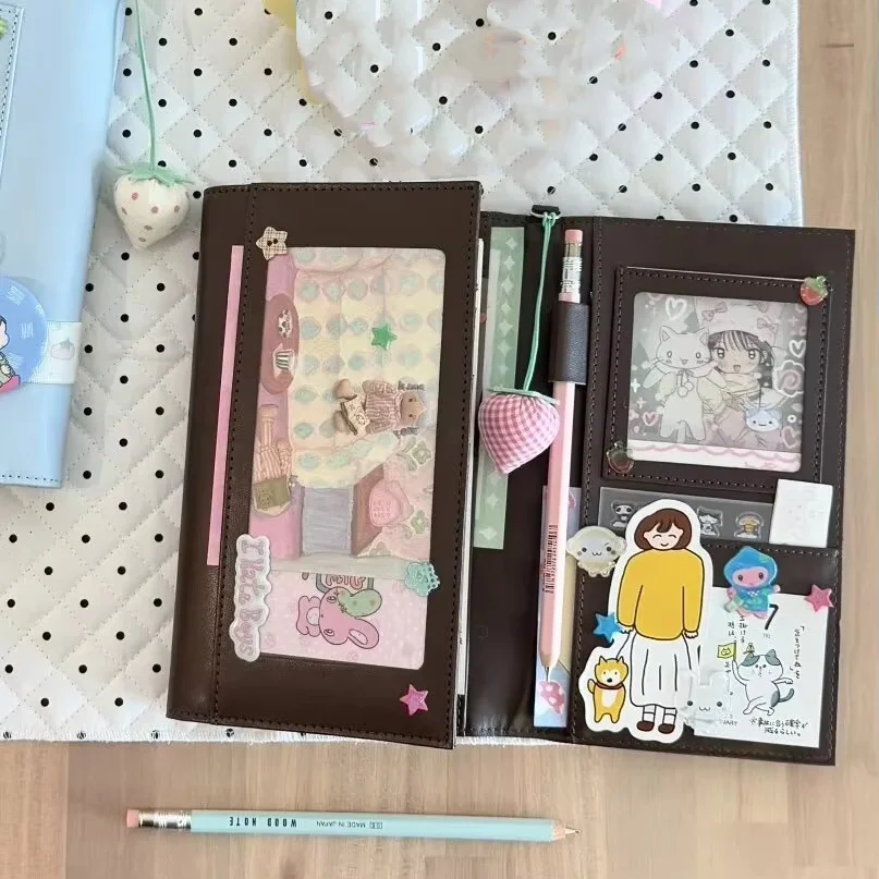 Leather Work Notepad - A6 レトロダークブラウンブルー三つ折りレザージャーナル高級感学生日記日記アジェンダプランナーカバーノート文具