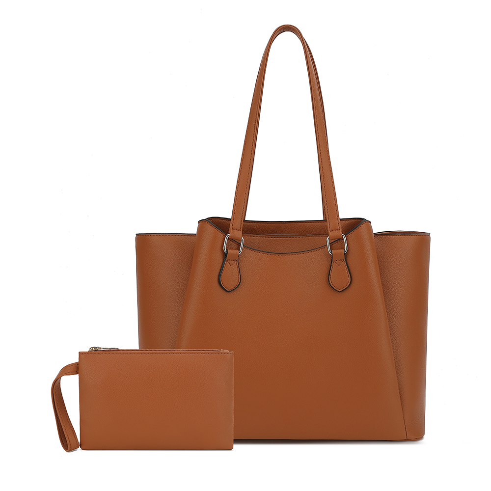 Leather Work Leather - 女性用トートバッグ、ポーチ付き大型PUレザーショルダーハンドバッグ、13.5インチのラップトップ用ワークトラベルショッパーバッグ、ブラウン、オフィス用