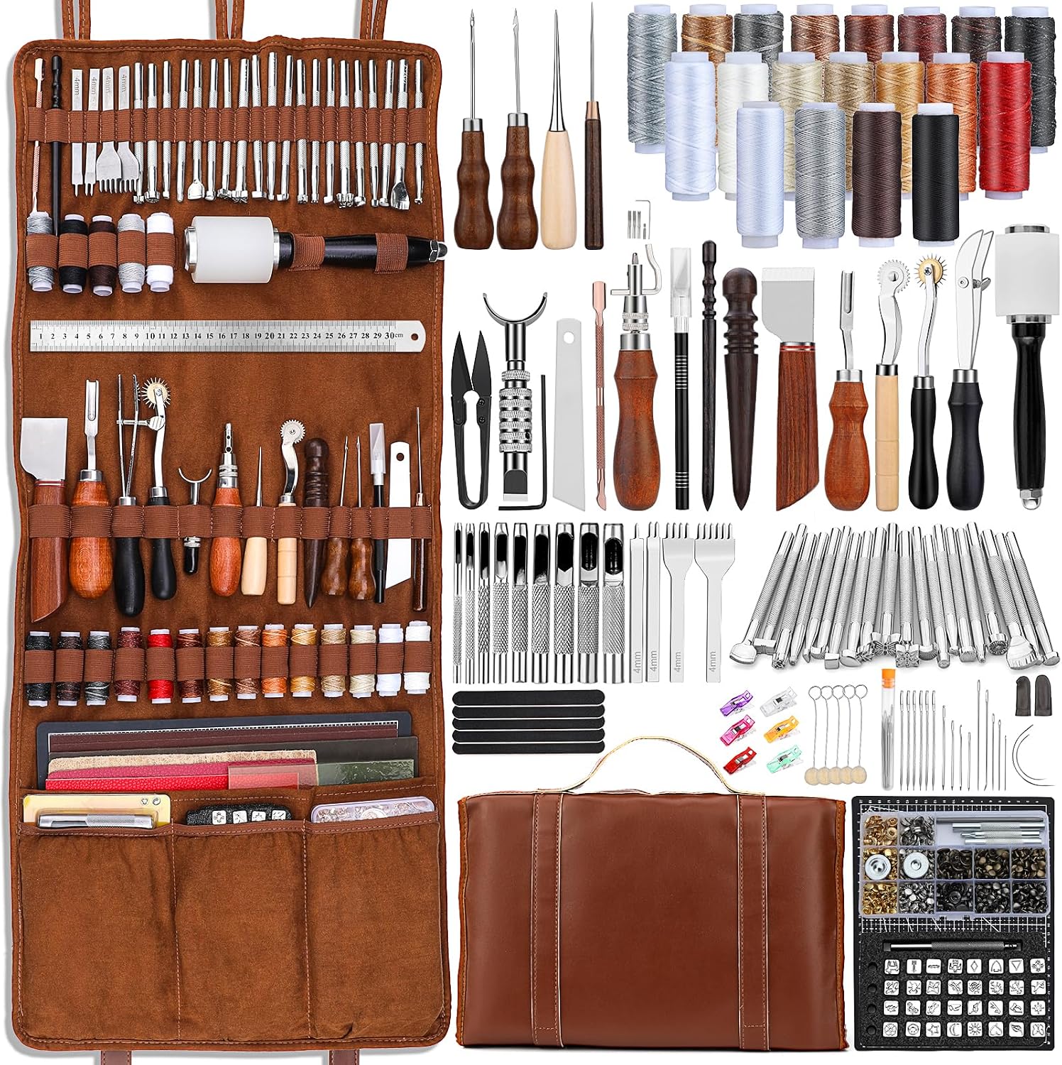 Leather Work Leather - レザーツールキット レザークラフトツール レザーワーキングキット カスタムハンドバッグ用カッティングマット付き 彫刻・パンチング・縫製・スタンピング・サンディングツール 手芸作品用