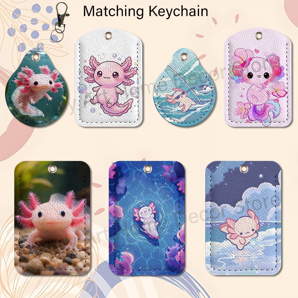 Leather Work Leather - かわいいピンクの A-Axolotl 漫画ホルダーキーホルダー仕事用カード銀行ビジネスホルダー学生カード保護ケースバスカード
