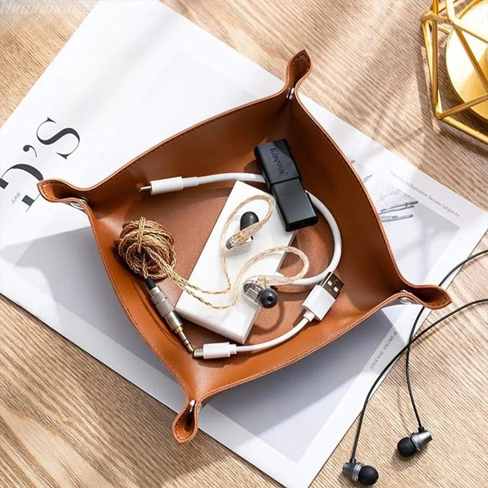 Leatherwork Desk - 1PC 25X25CM レザートレイ折りたたみテーブル収納ボックスジュエリーキーコインデスクトップオーガナイザー玄関ナイトスタンド家の装飾