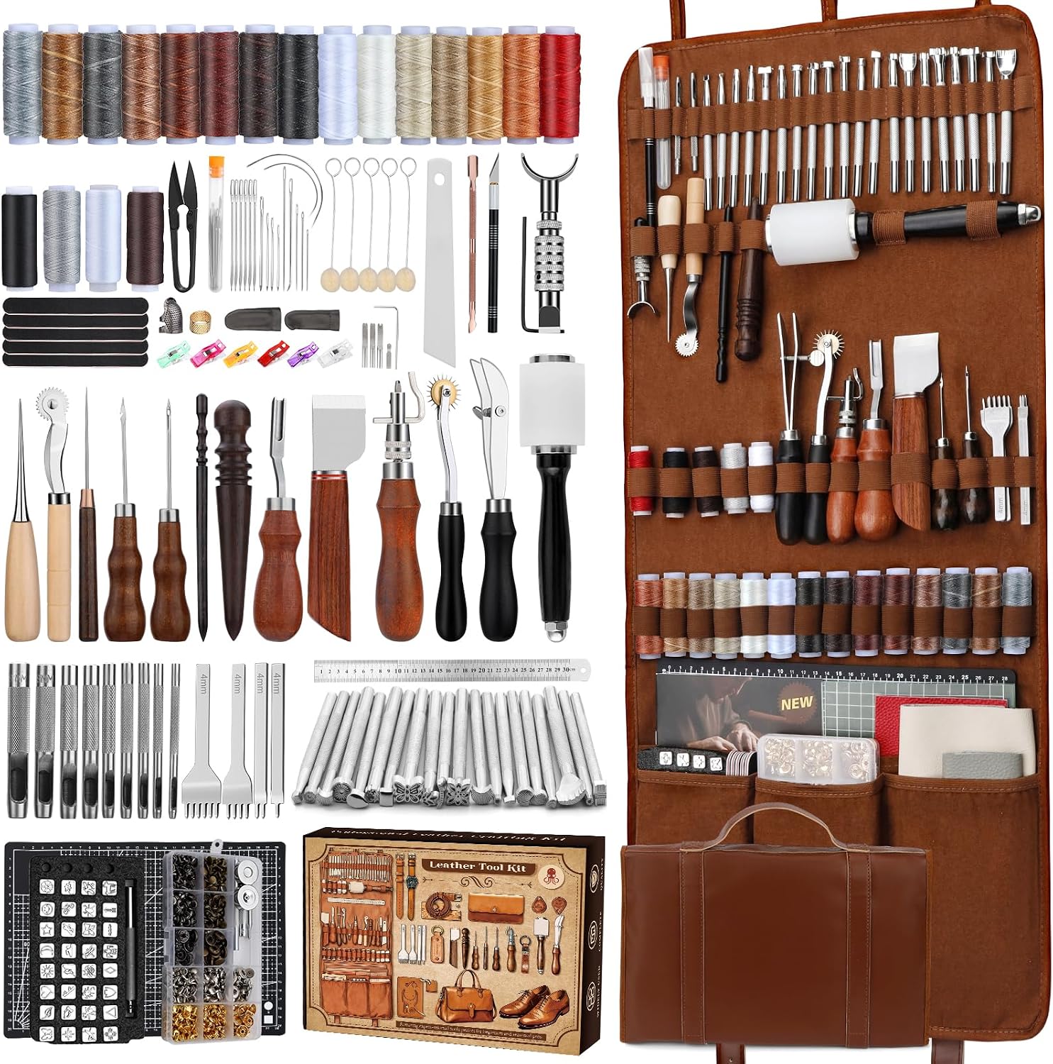 Leather Work Leather - 革細工キット、革細工道具とクラフトキット、カスタム収納バッグ付き、彫刻、切断、縫製、刻印、研磨用品、DIY手工芸品の製作と修理用