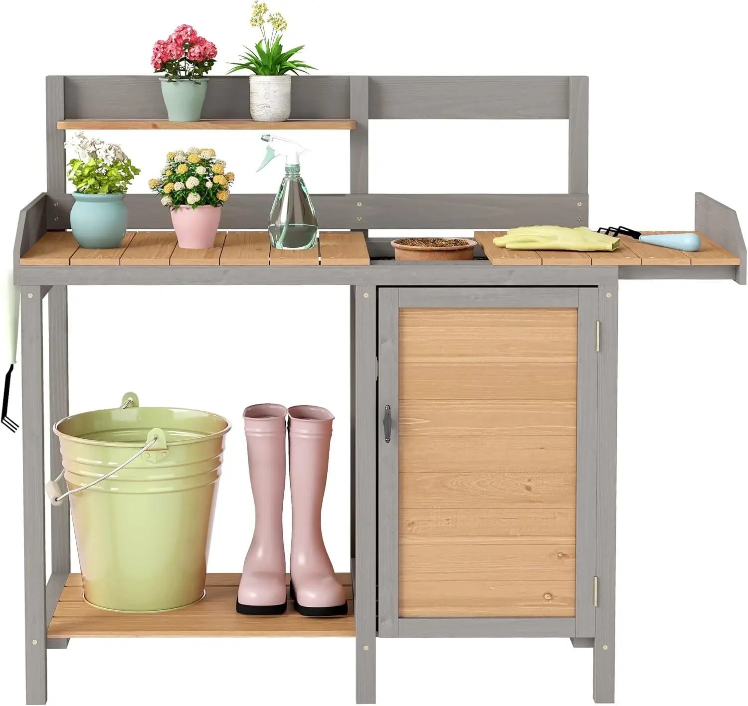 Leatherwork Bench - 木製の植木鉢置き台（シンク付き）、屋外ガーデンテーブル兼作業台（収納付き）、屋外パティオ・芝生用ワークステーション