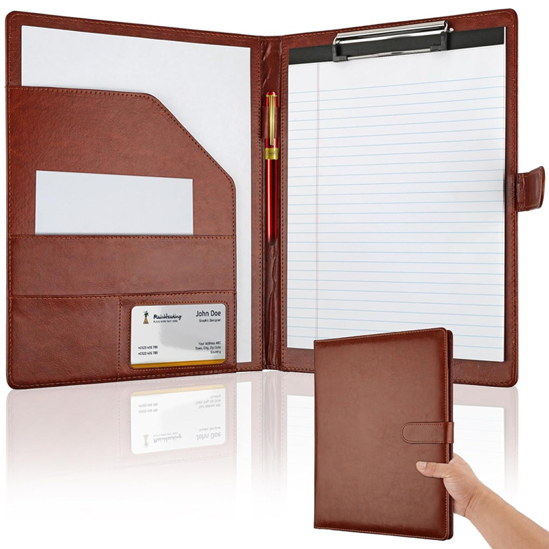 Leather Work Folder - 多機能A4レザー会議フォルダ、内蔵ペンホルダー付き、ビジネス契約書や会議記録の保管に最適