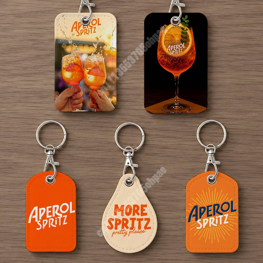 Leatherwork Keychain - オレンジ色のプロセッコA-アペロールS-スプリッツレザーキーホルダーカードホルダー（AirTagとIDカード用）ビジネスバッグチャーム