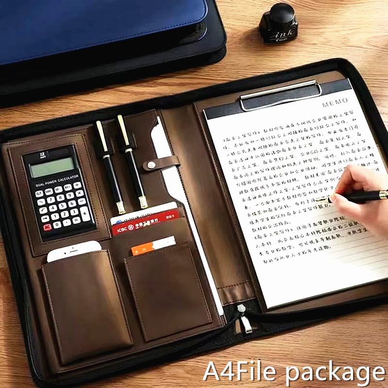 Leather Work Folder - PUレザーポートフォリオ A4ドキュメントケース ジッパー付きビジネスパッドフォリオ レザーフォルダーバインダー A4ポートフォリオケース (電卓付き)