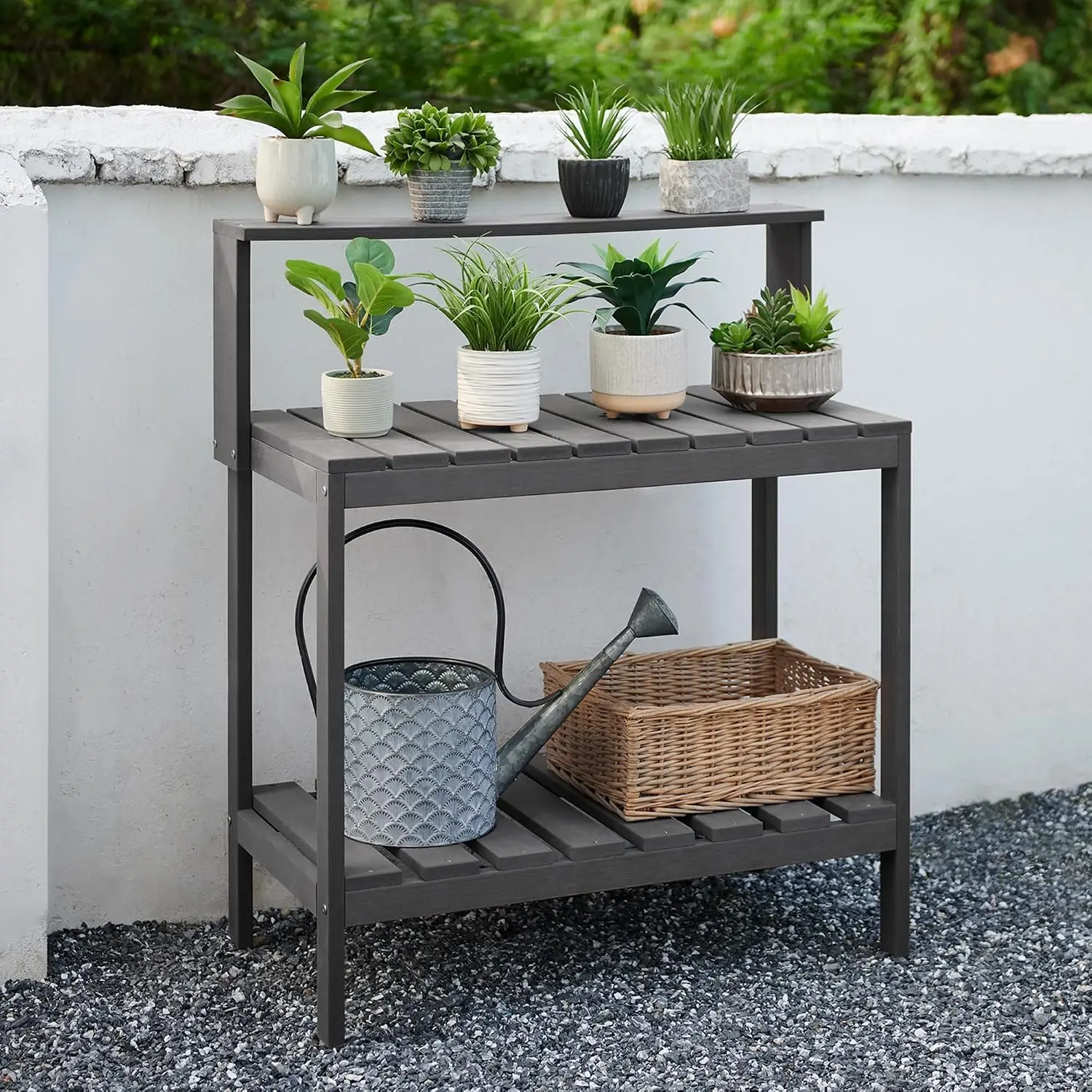 屋外用植栽台、ポーチ用HDPE製パティオ植栽テーブル、グレー - Leatherwork Bench のレビューと価格