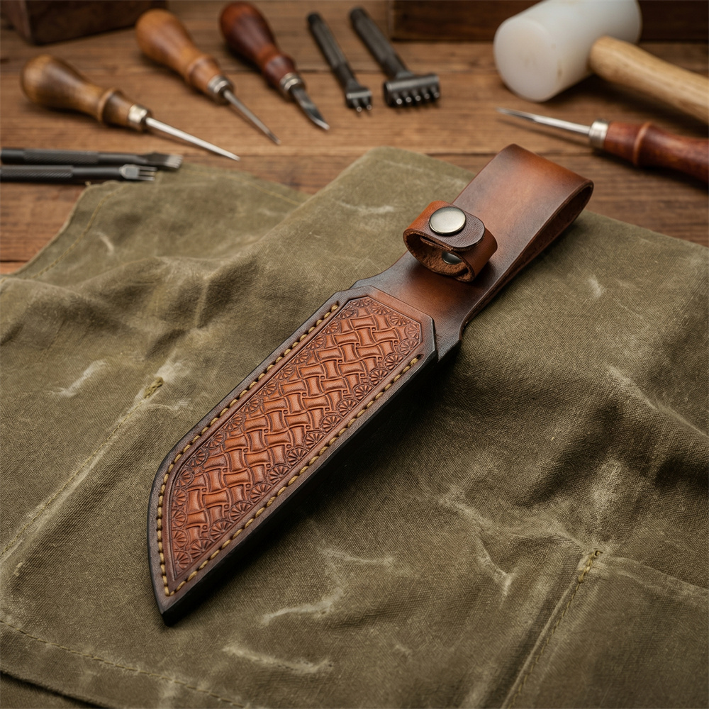 ブラウンハンドエンボス加工レザー固定式ナイフシース耐久性のあ - Leather Work Leather のレビューと価格