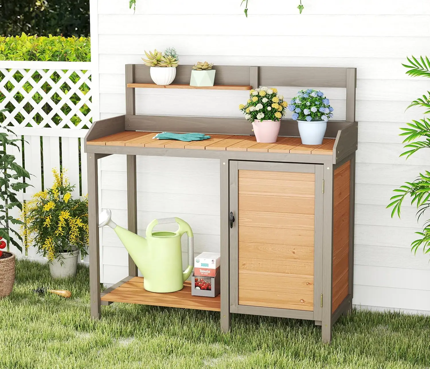 木製の植木鉢置き台（シンク付き）、屋外ガーデンテーブル兼作業 - Leatherwork Bench のレビューと価格