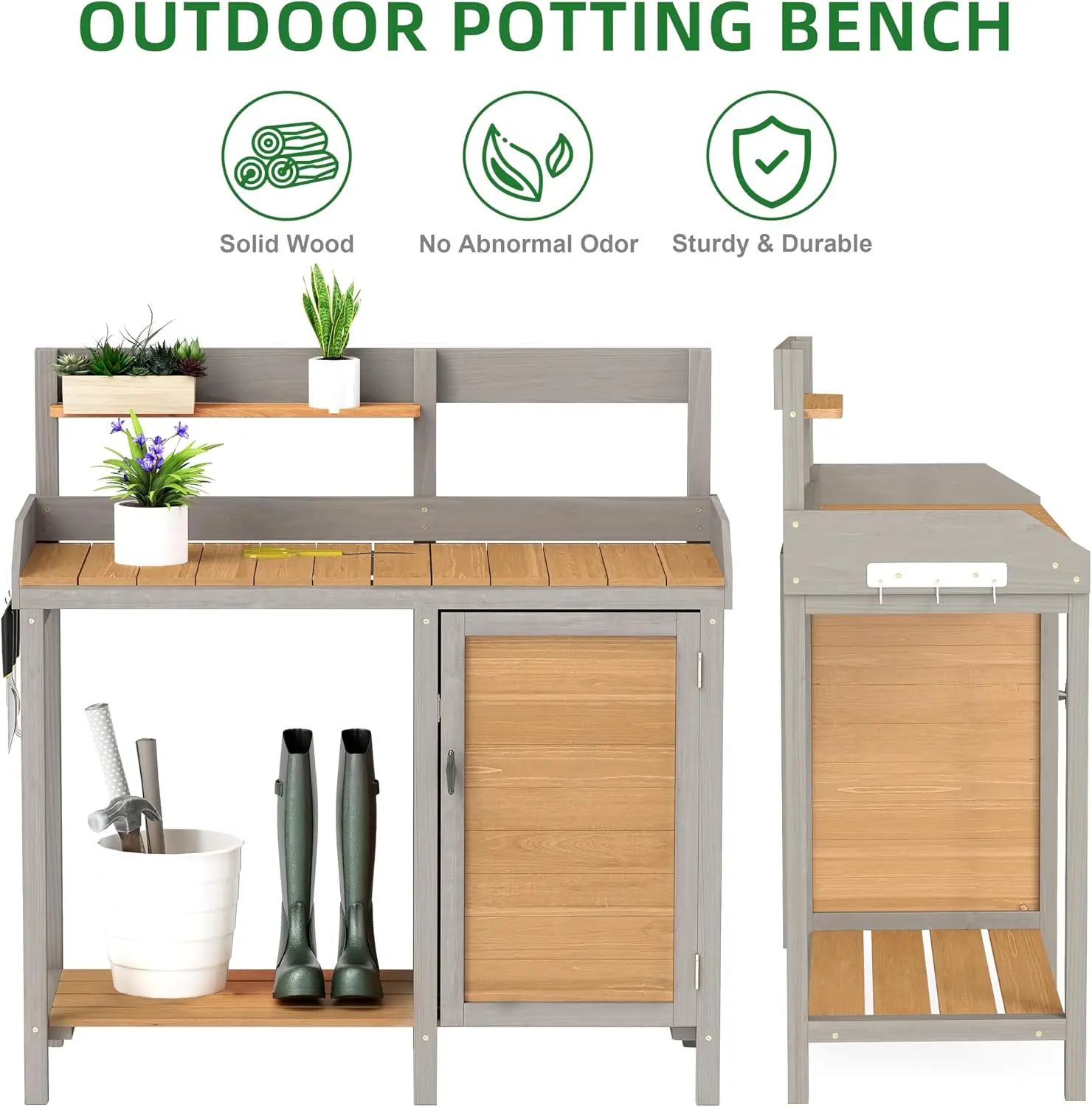 木製の植木鉢置き台（シンク付き）、屋外ガーデンテーブル兼作業 - Leatherwork Bench のレビューと価格